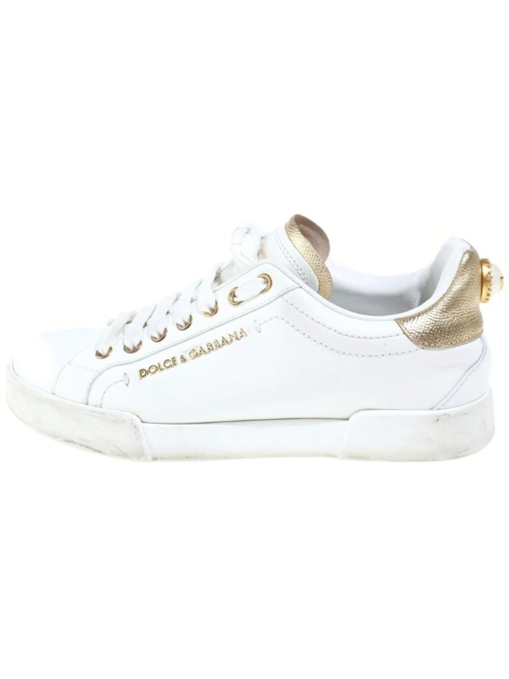 Dolce & Gabbana Portofino Leather Faux Pearl Logo Low-Top Sneakers White Gold